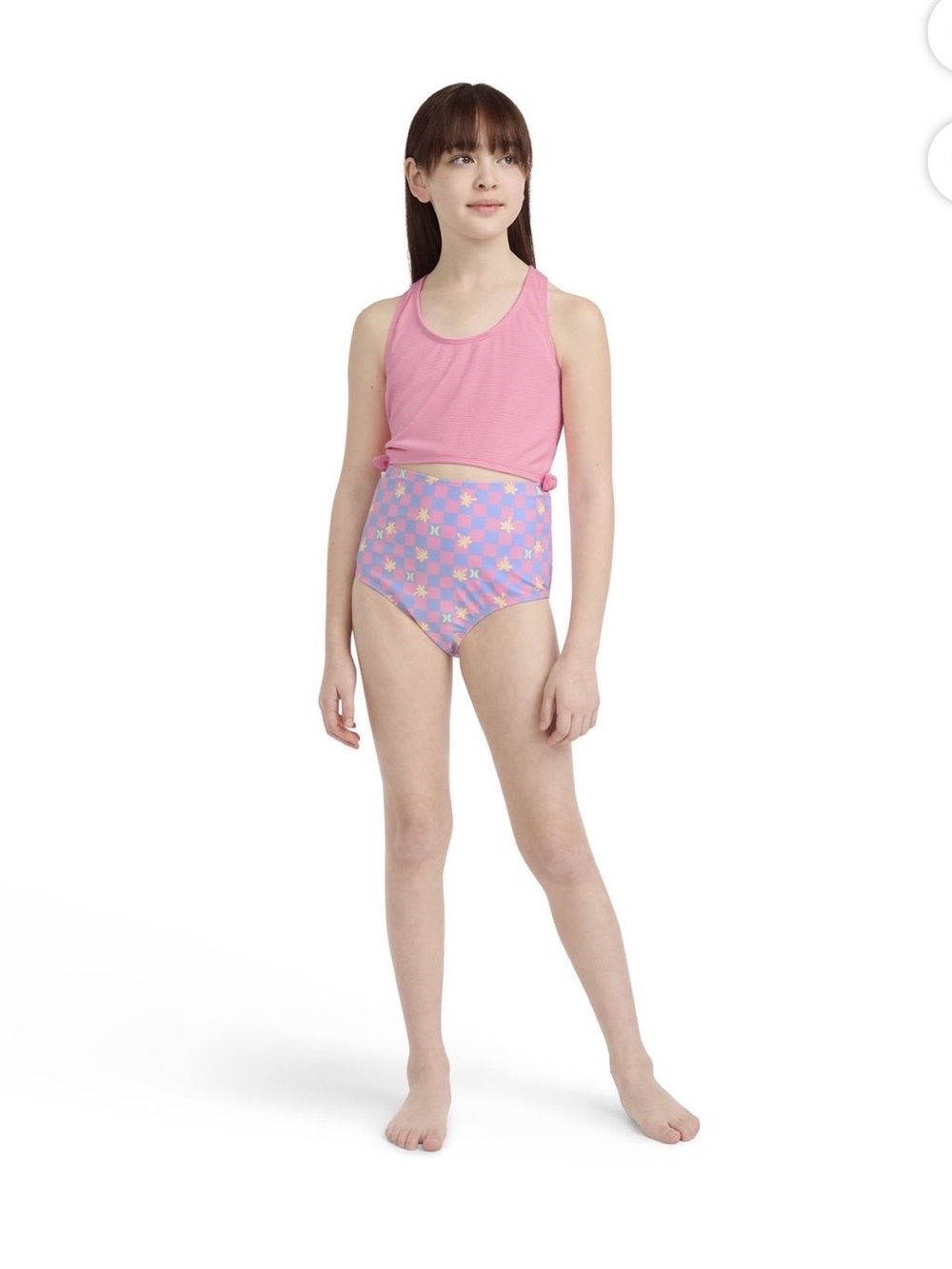 Hurley Pink Racerback Swim Top with Lavender Floral High-Waist Bottoms